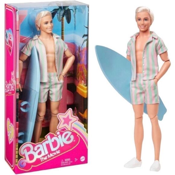 Authentic Barbie The Movie KEN DOLL in Pastel Striped Beach Set with Surfboard - Picture 1 of 5